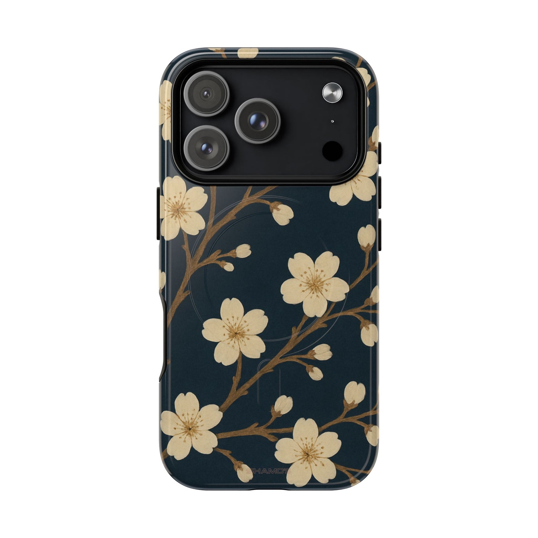 Navy Cherry Blossom Floral iPhone Case - Compatible with MagSafe