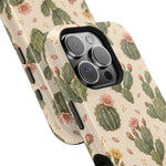 Cactus Bloom – Sage Green Floral Cactus MagSafe Phone Case, glossy square triple-camera Pro model, camera and side-button close-up