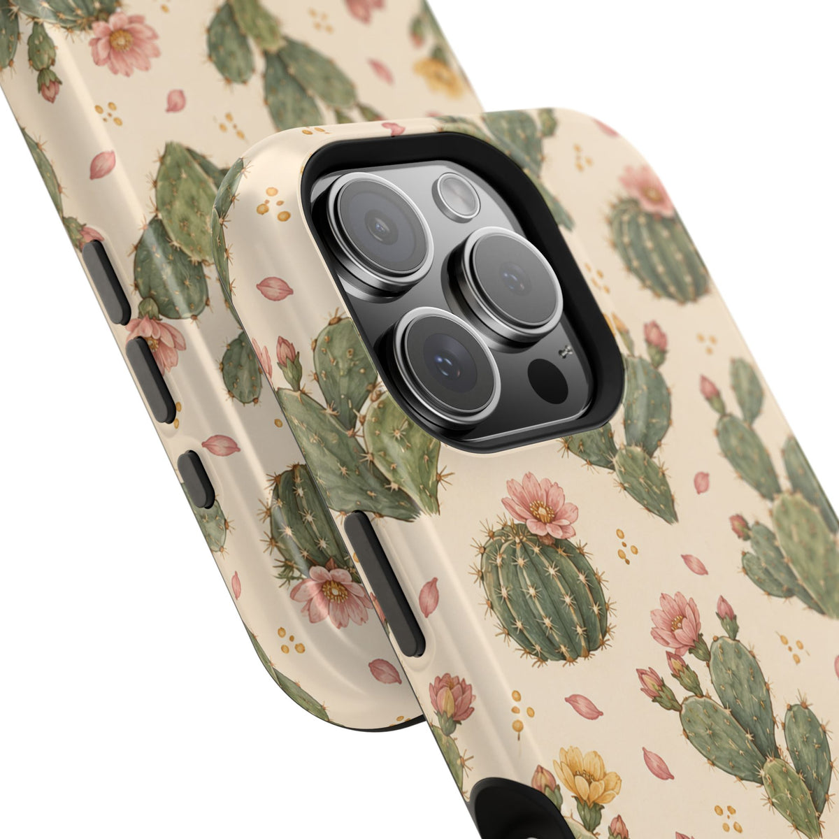 Cactus Bloom – Sage Green Floral Cactus MagSafe Phone Case, glossy square triple-camera Pro model, camera and side-button close-up