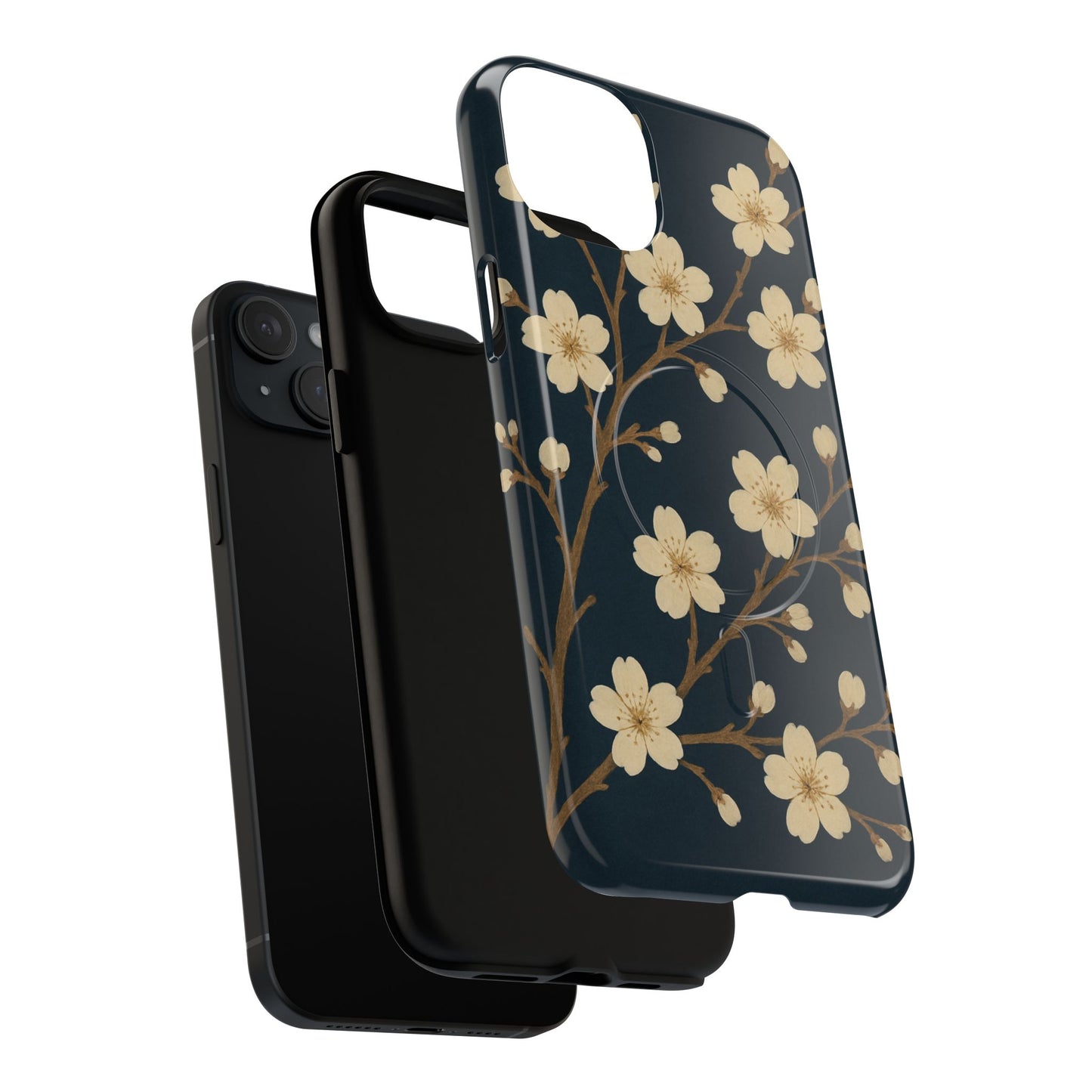 Navy Cherry Blossom Floral iPhone Case - Compatible with MagSafe