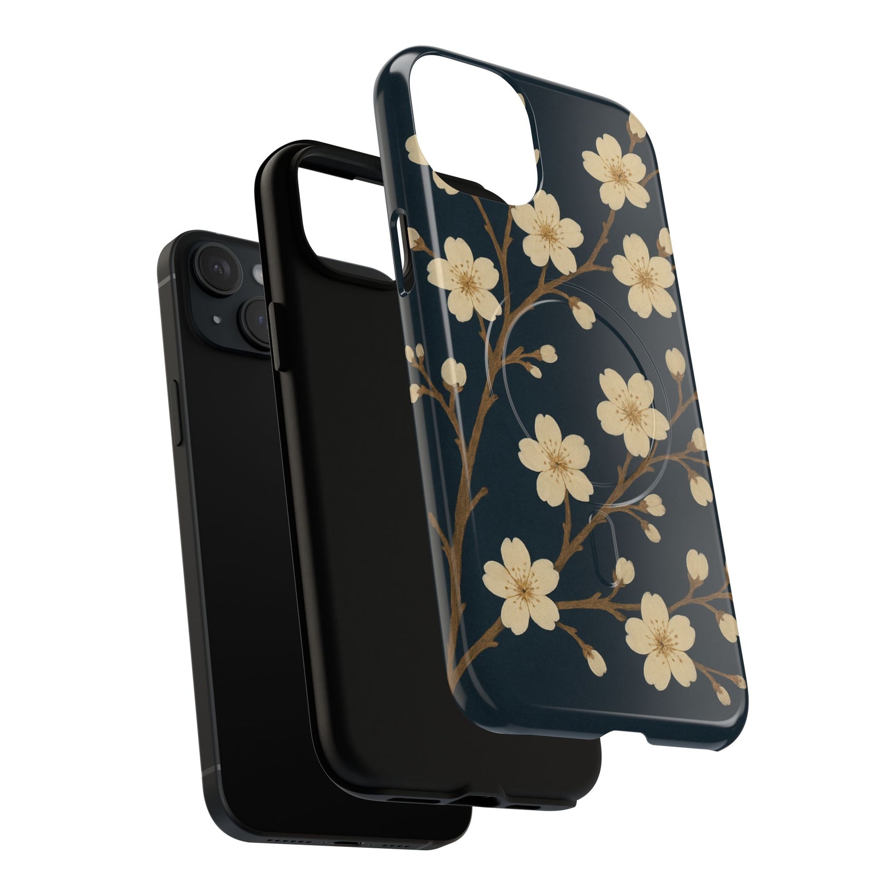 Navy Cherry Blossom Floral iPhone Case - Compatible with MagSafe - Shamo's