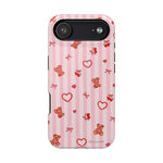 Pink Teddy Hearts Love iPhone Case, Impact-Resistant MagSafe Compatible