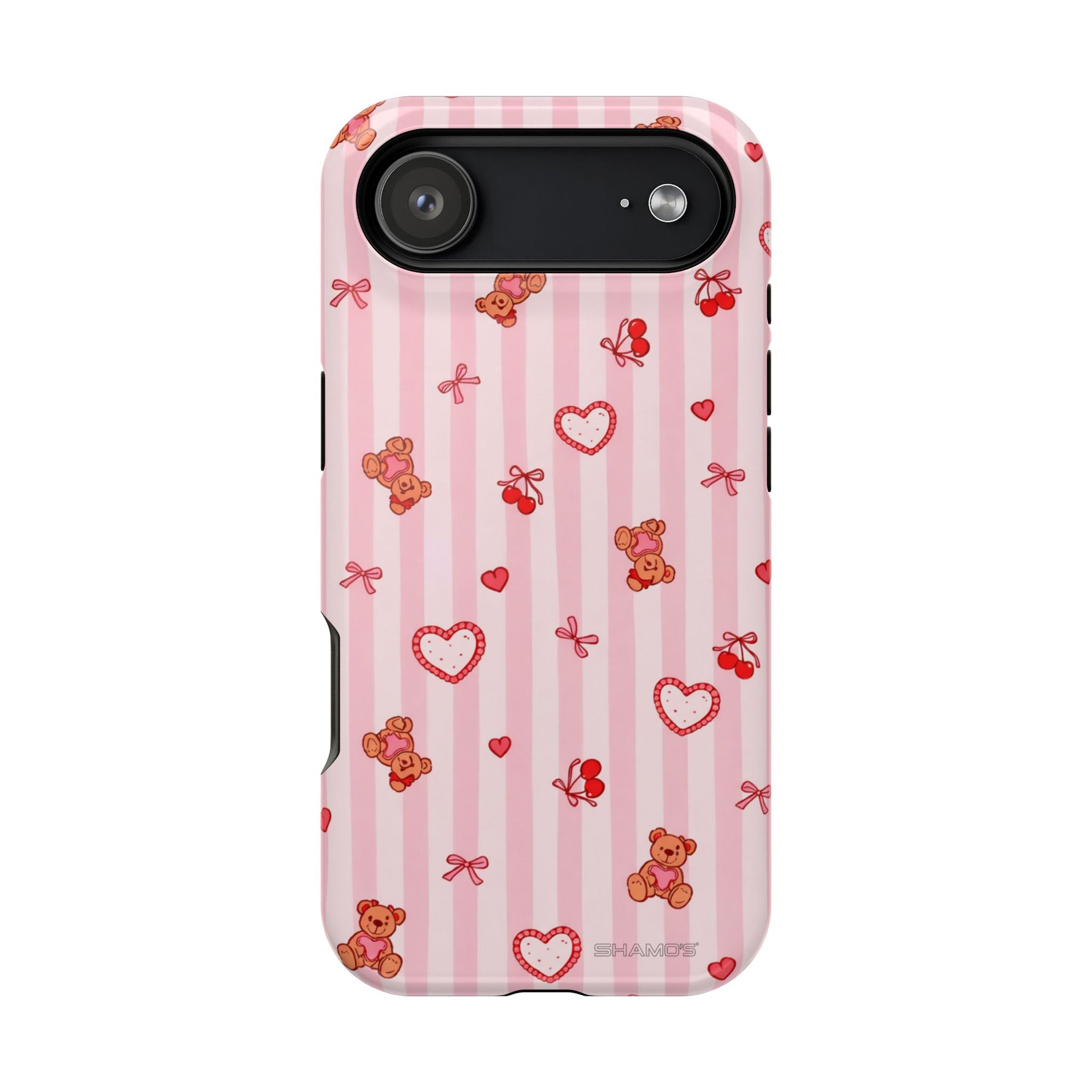 Pink Teddy Hearts Love iPhone Case, Impact-Resistant MagSafe Compatible