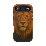 Phone case featuring a detailed lion face design in warm brown and orange tones on a medium size