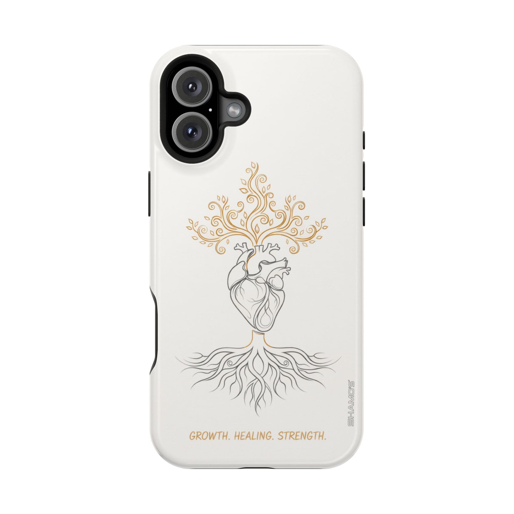 Minimalist Impact-Resistant iPhone Case, Heart Root Illustration ("Growth. Healing. Strength.") MagSafe Compatible - iPhone 16 Plus / Glossy - Shamo's