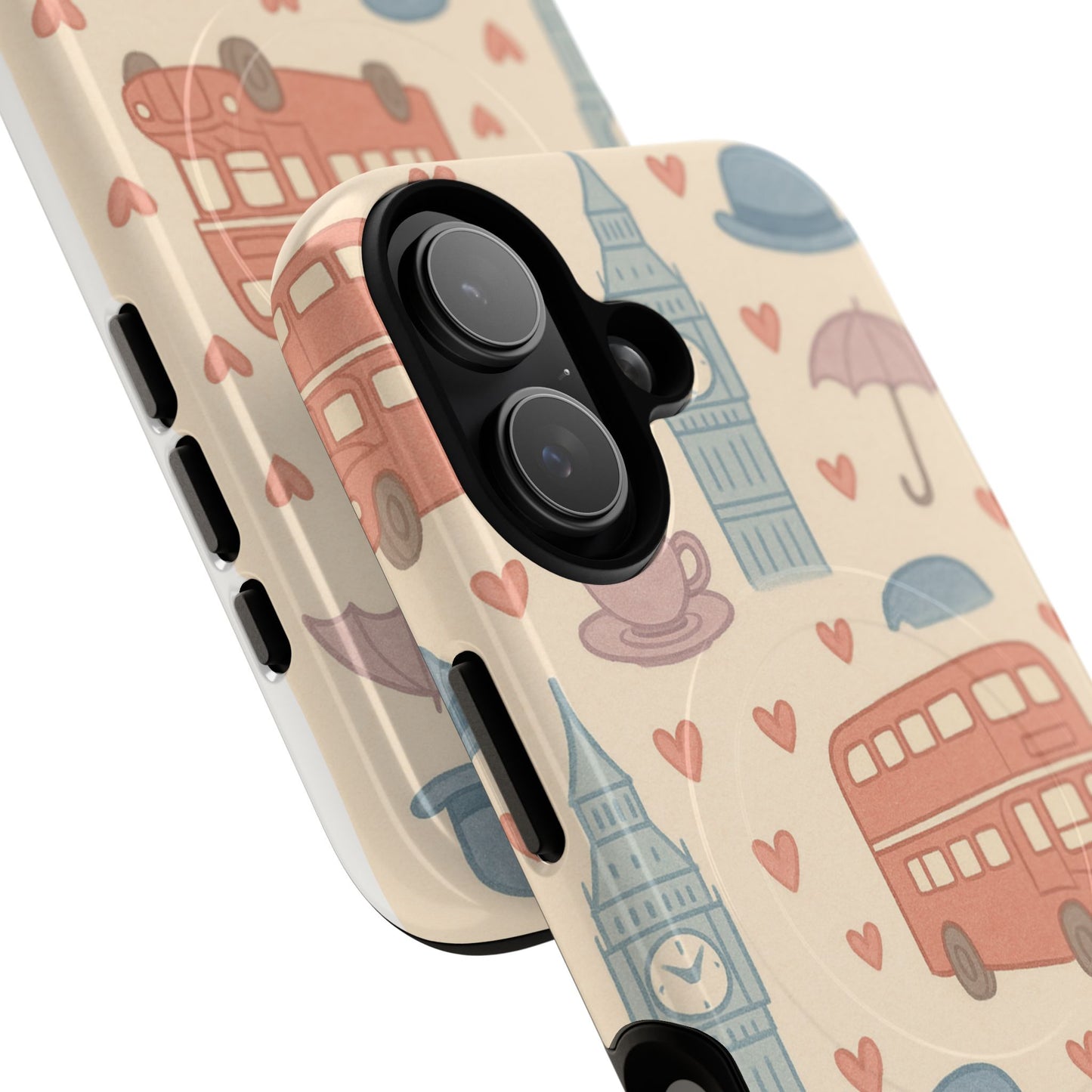 London Icons Hand-Drawn iPhone Case — Cute Double-Decker Bus & Big Ben Pattern with MagSafe compatibility