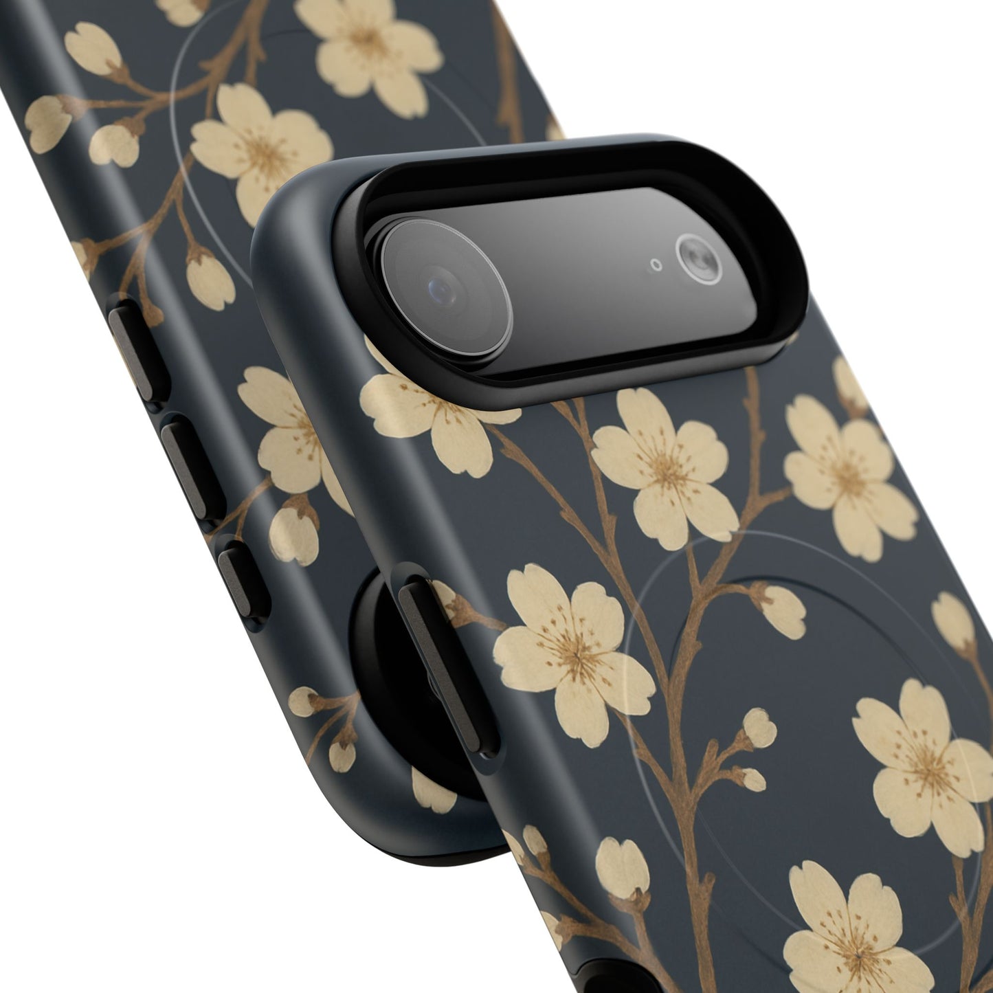 Navy Cherry Blossom Floral iPhone Case - Compatible with MagSafe