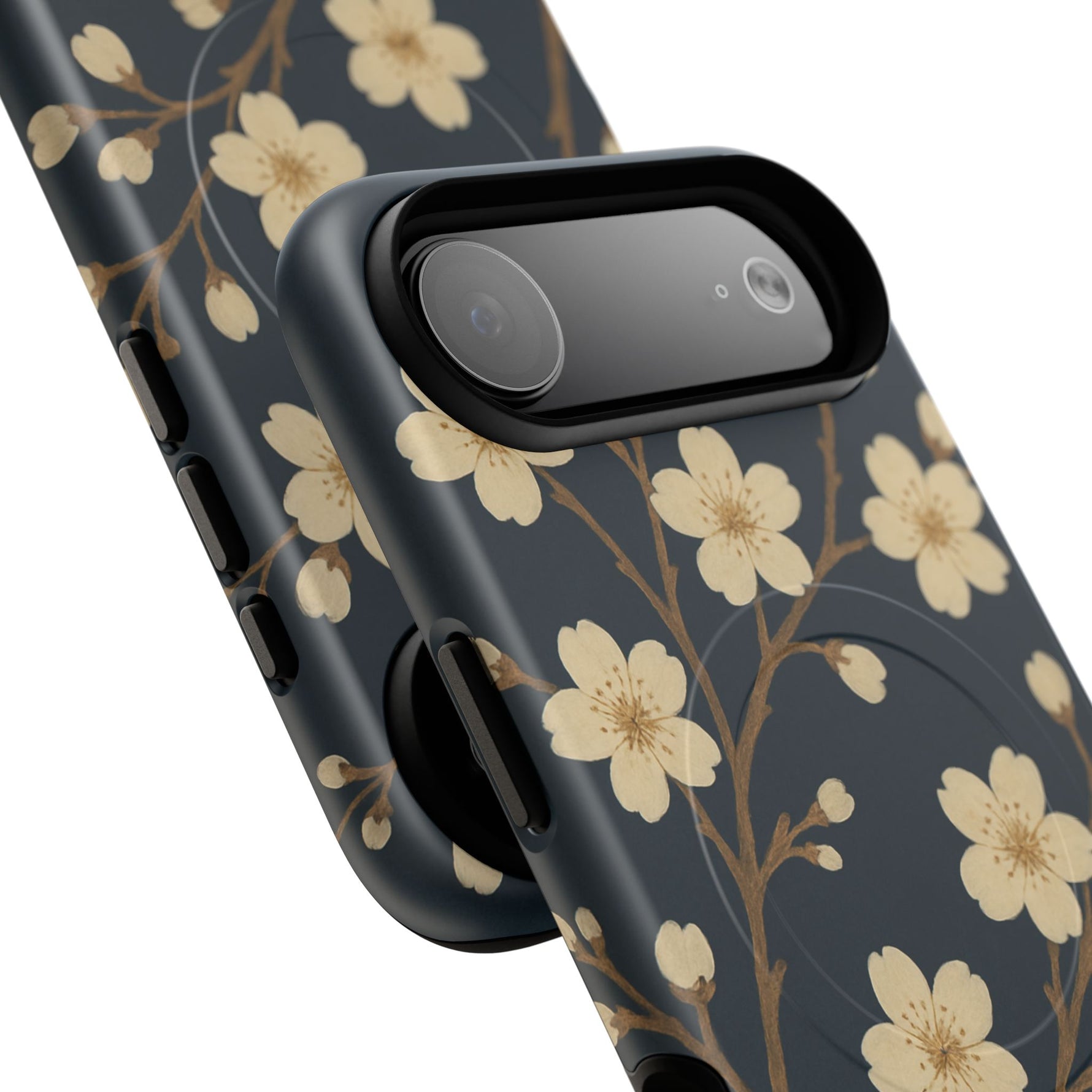 Navy Cherry Blossom Floral iPhone Case - Compatible with MagSafe - Shamo's