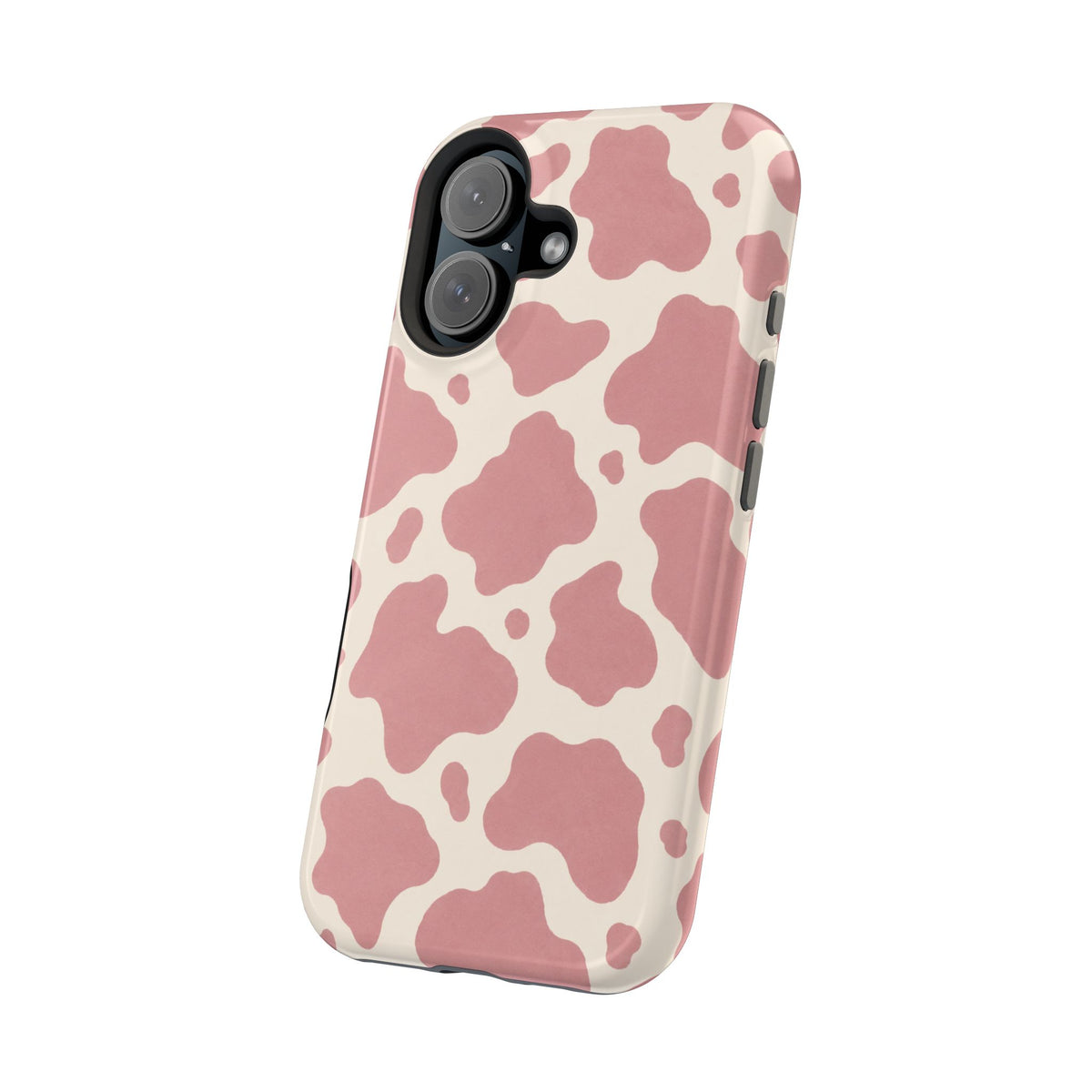 Rose Cowprint – Pink Cow Print MagSafe Phone Case, glossy vertical dual-camera model, angled rear view