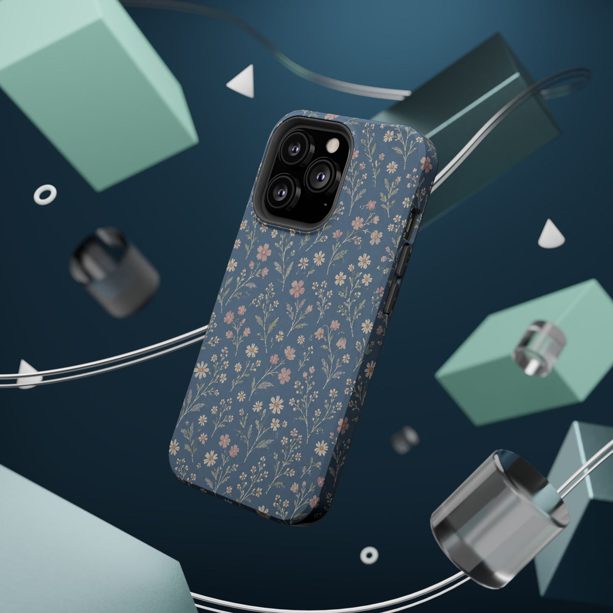 Denim Wildflowers MagSafe Phone Case, glossy square triple-camera Pro model, rear view with magnetic accessories