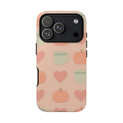 Autumn Cozy iPhone Case – Pumpkin, Heart & Coffee Cup Pattern