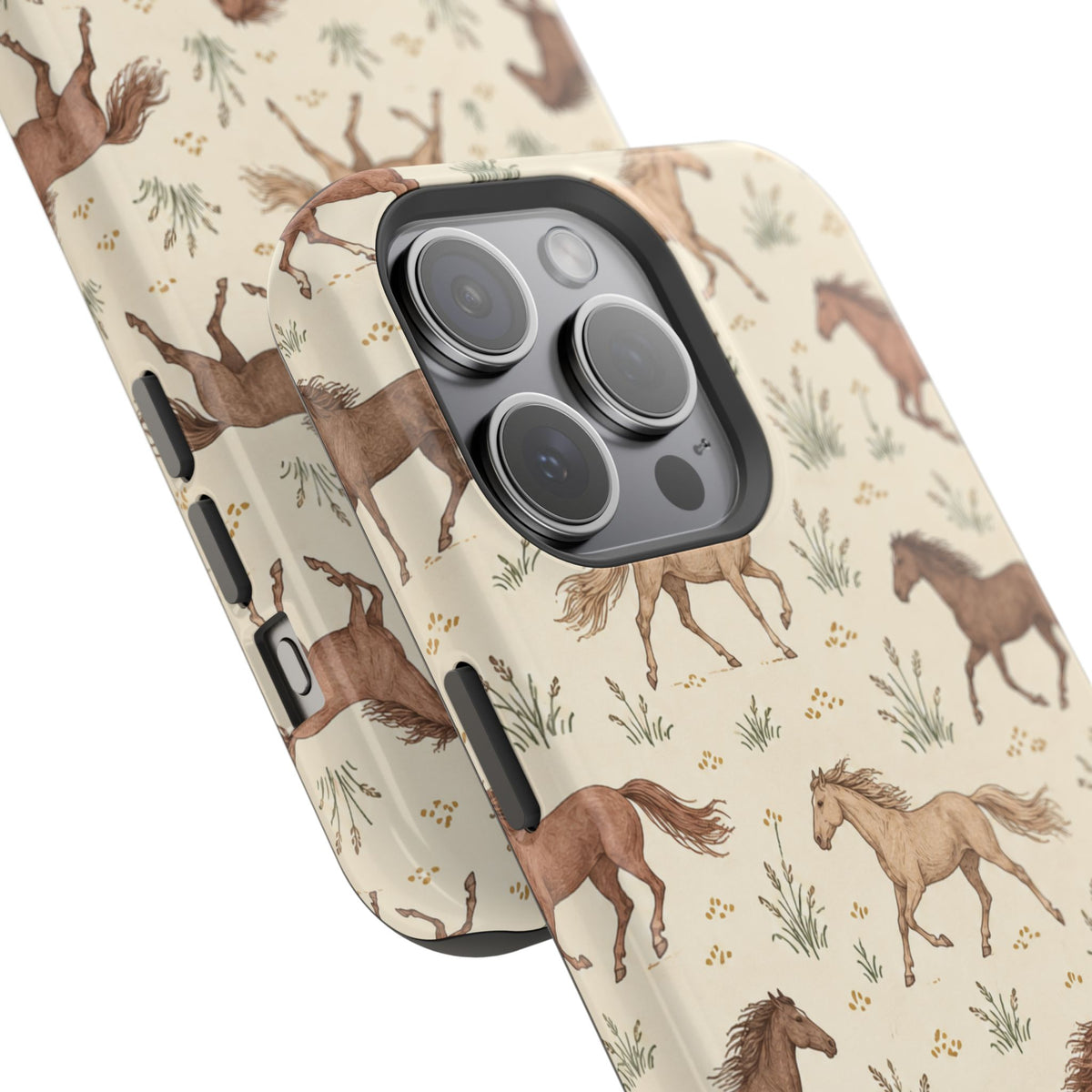 Wild Mustangs – Western Horse Pattern MagSafe Phone Case, glossy square triple-camera Pro model, camera and side-button close-up
