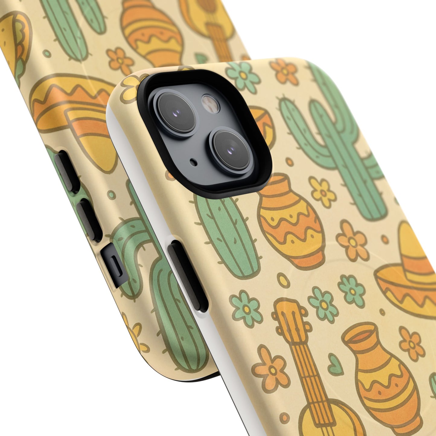 Mexico Hand-Drawn Cactus Pattern iPhone Case – Cute Desert Guitar & Sombrero Design | with MagSafe