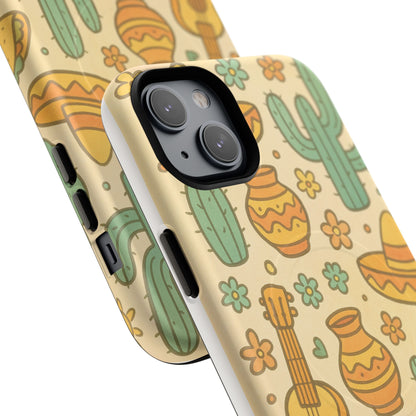 Mexico Hand-Drawn Cactus Pattern iPhone Case – Cute Desert Guitar & Sombrero Design | with MagSafe