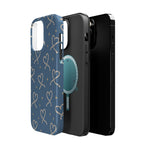 Lasso Hearts – Blue Western Heart MagSafe Phone Case, glossy square triple-camera Pro model, exploded shell and liner with magnetic ring