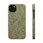 Golden Meadow – Sage Green Wildflower MagSafe Phone Case, glossy iPhone 14 Plus, rear and side profile