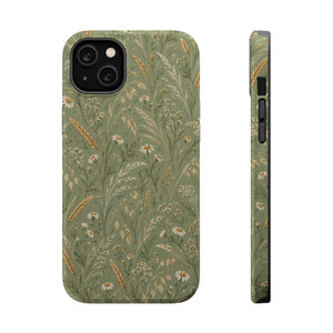 Golden Meadow – Sage Green Wildflower MagSafe Phone Case, glossy iPhone 14 Plus, rear and side profile