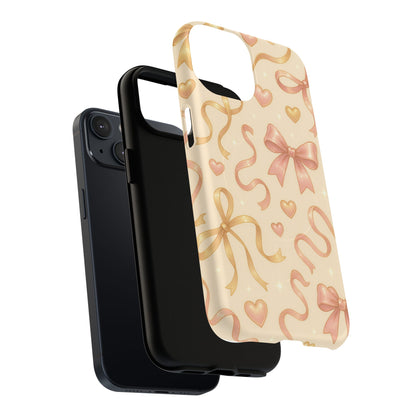 Festive Bow Charm iPhone Case — Pink & Gold Ribbon Hearts with MagSafe
