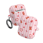 Pink Teddy Hearts AirPod Case, Cute Striped Protective Cover