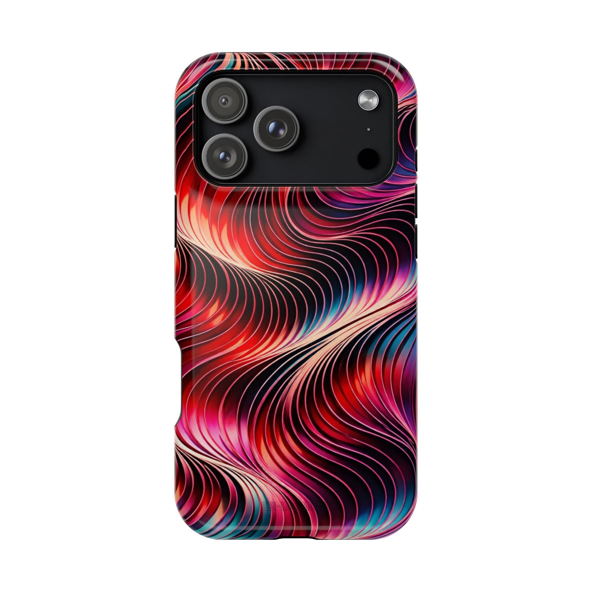 Phone case with flowing red, pink, purple, and blue lines on a black background