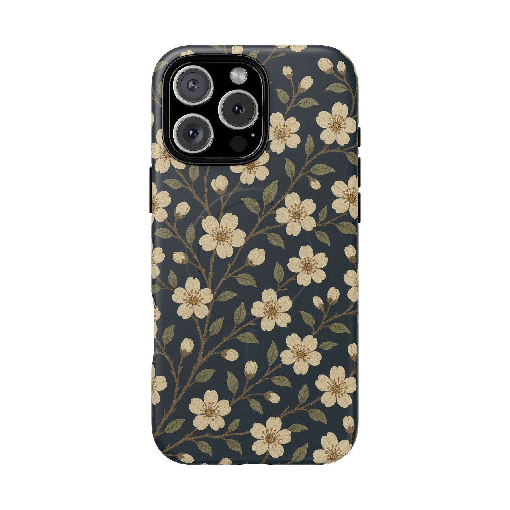 Navy Cherry Blossom Floral iPhone Case - Compatible with MagSafe - Shamo's