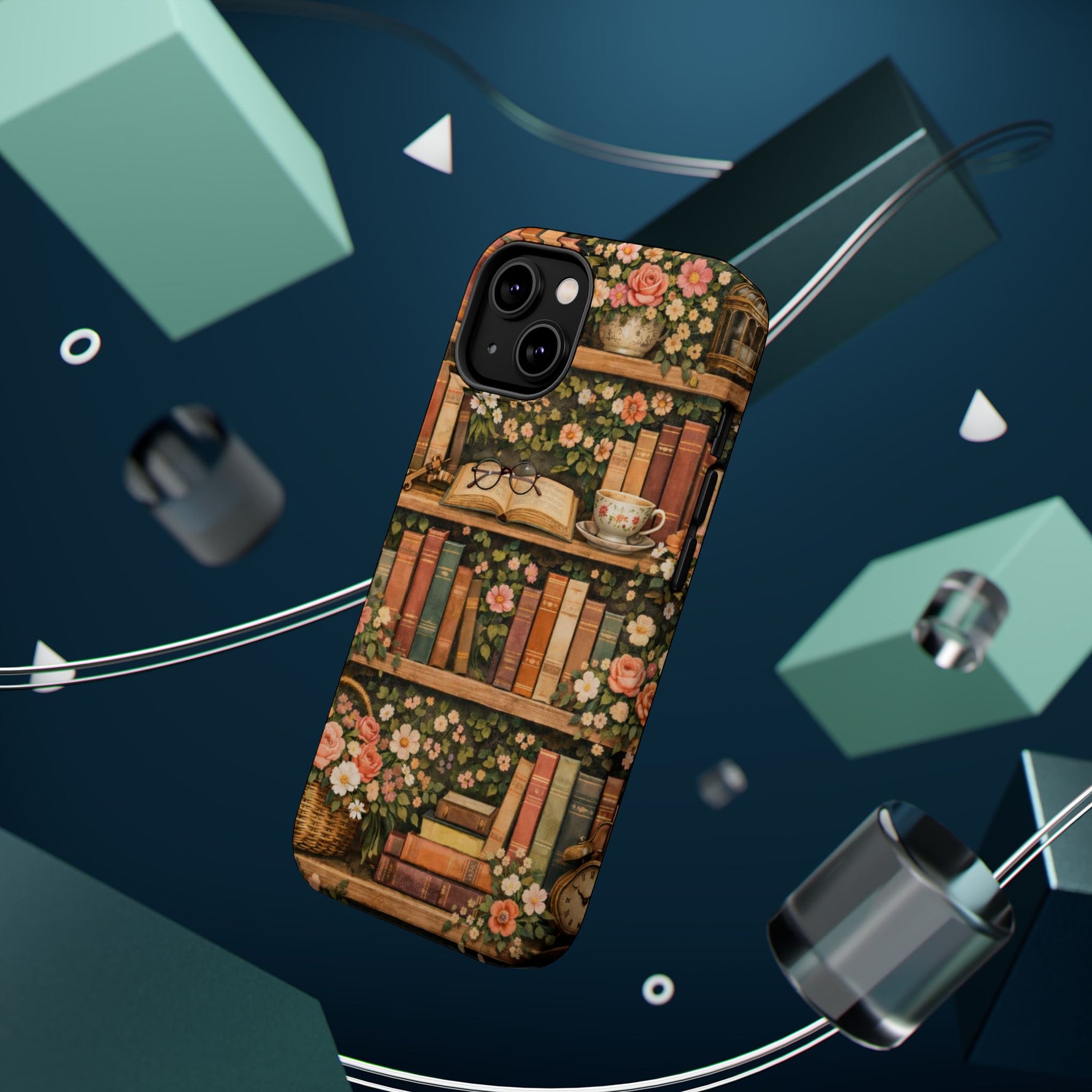 Floral Bookshelf iPhone Case — MagSafe Magnetic, Impact-Resistant