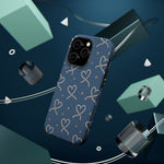 Lasso Hearts – Blue Western Heart MagSafe Phone Case, glossy square triple-camera Pro model, rear view with magnetic accessories