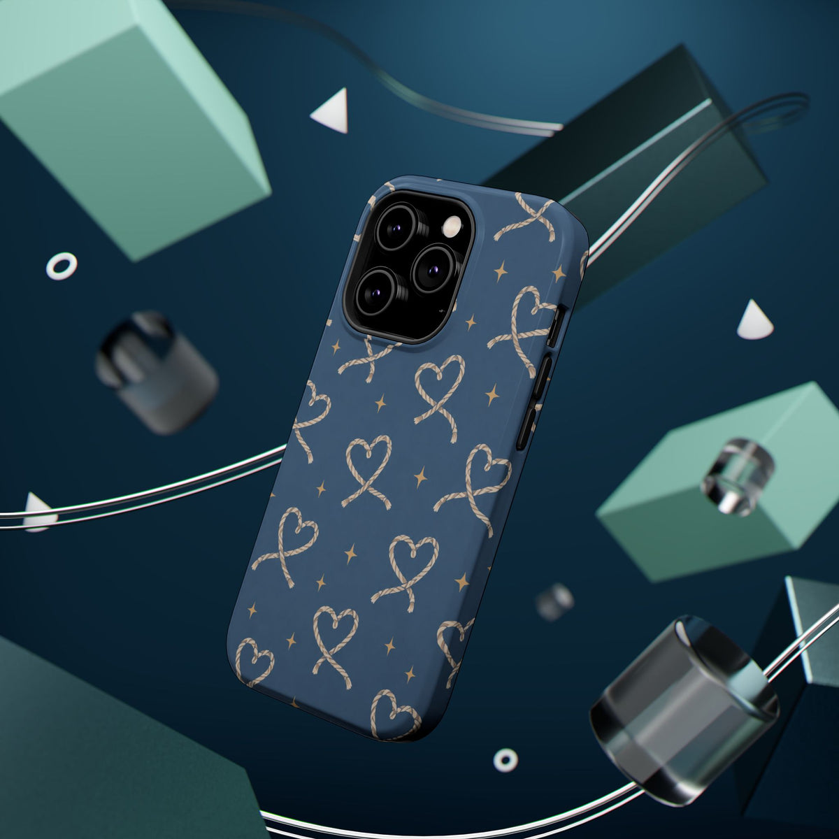 Lasso Hearts – Blue Western Heart MagSafe Phone Case, glossy square triple-camera Pro model, rear view with magnetic accessories