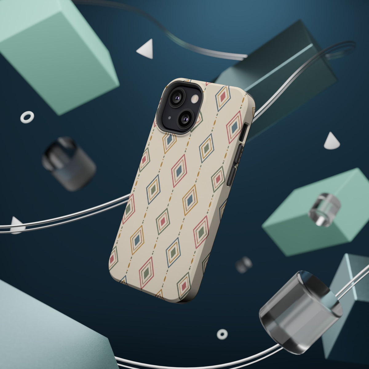 Desert Diamonds – Pastel Geometric Pattern MagSafe Phone Case, glossy diagonal dual-camera model, rear view with magnetic accessories