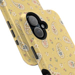 Honey Paisley MagSafe Phone Case, glossy vertical dual-camera model, camera and side-button close-up