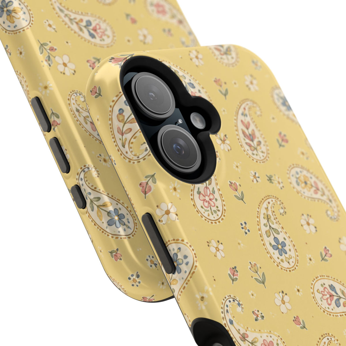Honey Paisley MagSafe Phone Case, glossy vertical dual-camera model, camera and side-button close-up