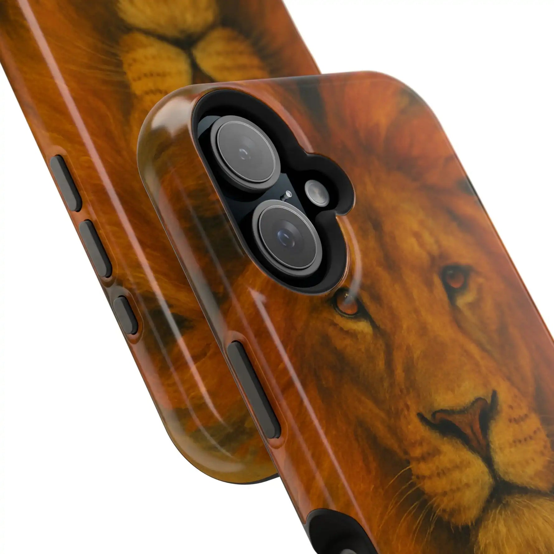Close-up of two sizes of glossy phone cases with realistic lion face design and black buttons