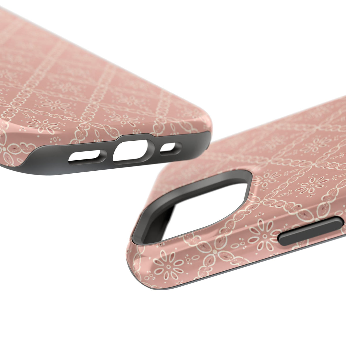 Meadow Lace – Blush Pink Lace Pattern MagSafe Phone Case, glossy diagonal dual-camera model, port openings and edge details