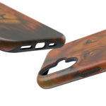 brown wood grain iPhone case showing camera and charging port cutouts, slim variant size