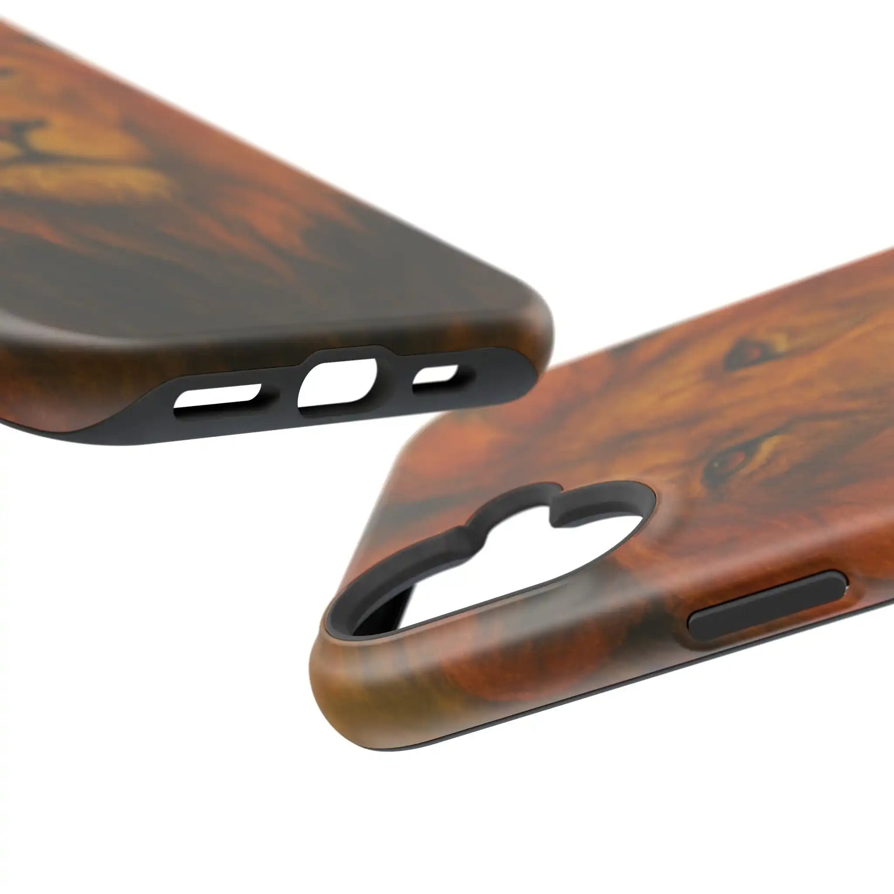 brown wood grain iPhone case showing camera and charging port cutouts, slim variant size