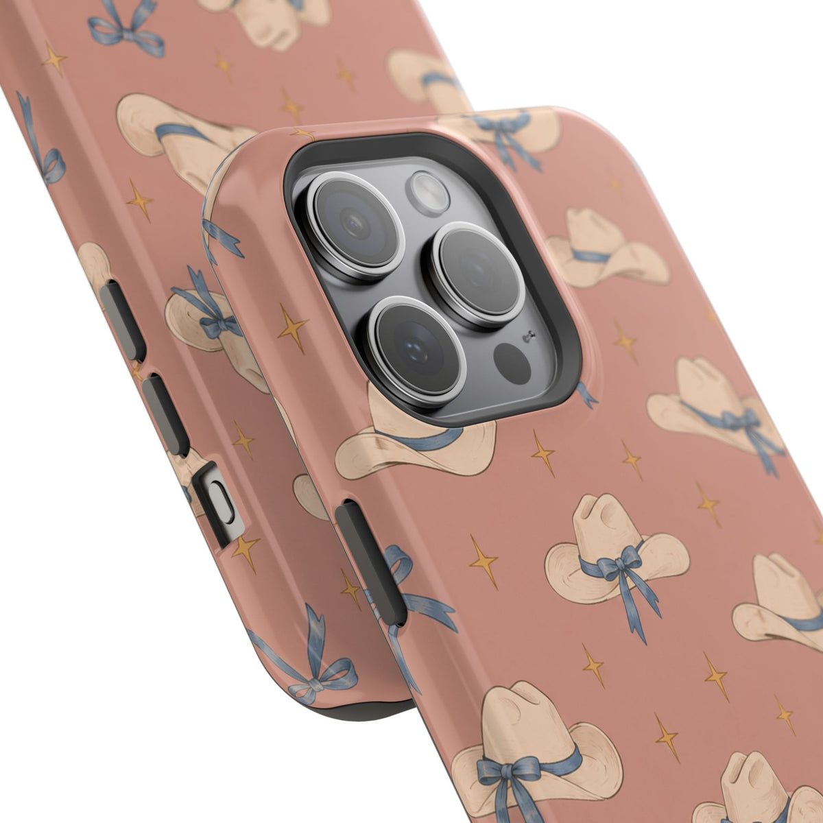 Ribbon Rodeo – Cowgirl Hat and Bow MagSafe Phone Case, Pink, glossy square triple-camera Pro model, camera and side-button close-up