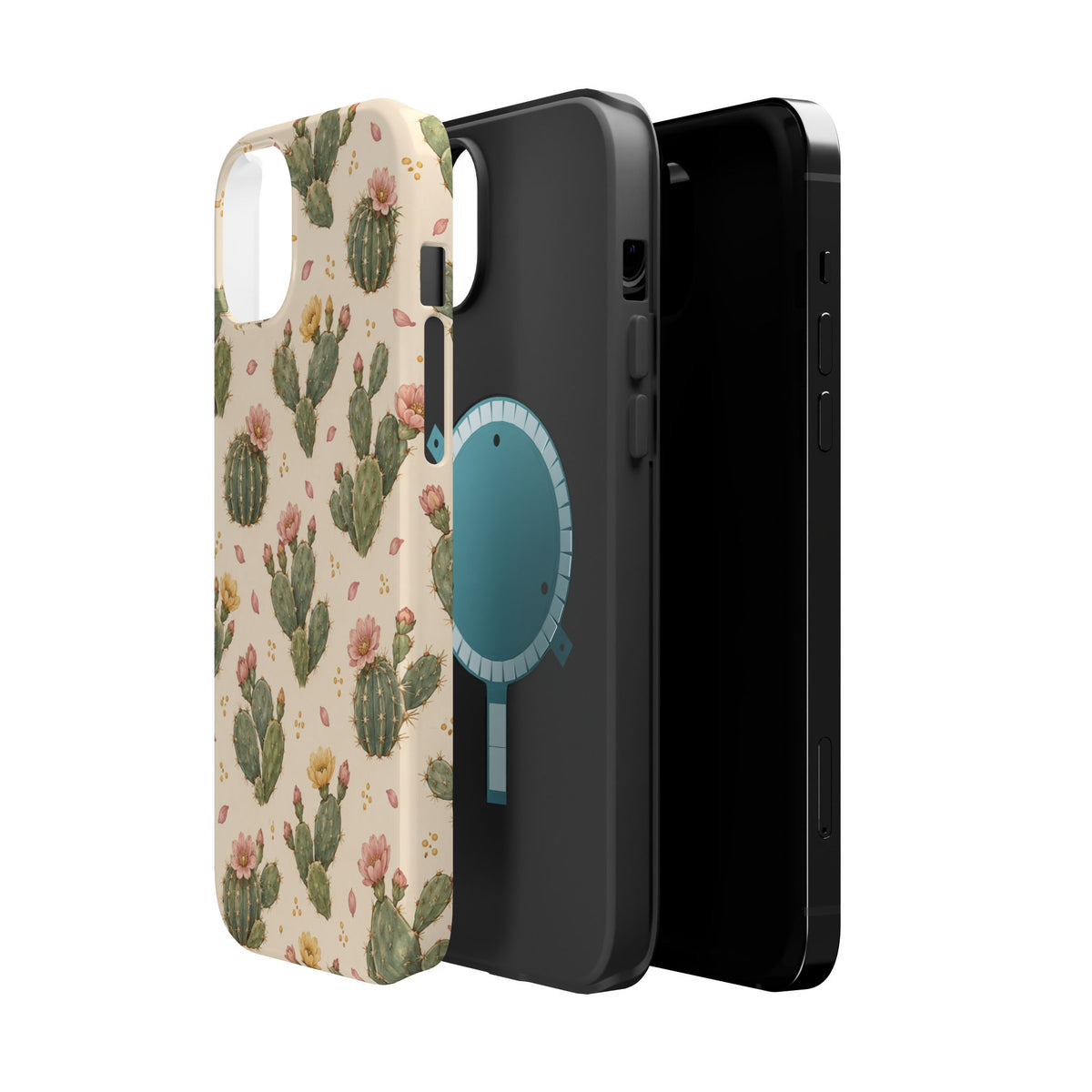 Cactus Bloom – Sage Green Floral Cactus MagSafe Phone Case, glossy diagonal dual-camera model, exploded shell and liner with magnetic ring