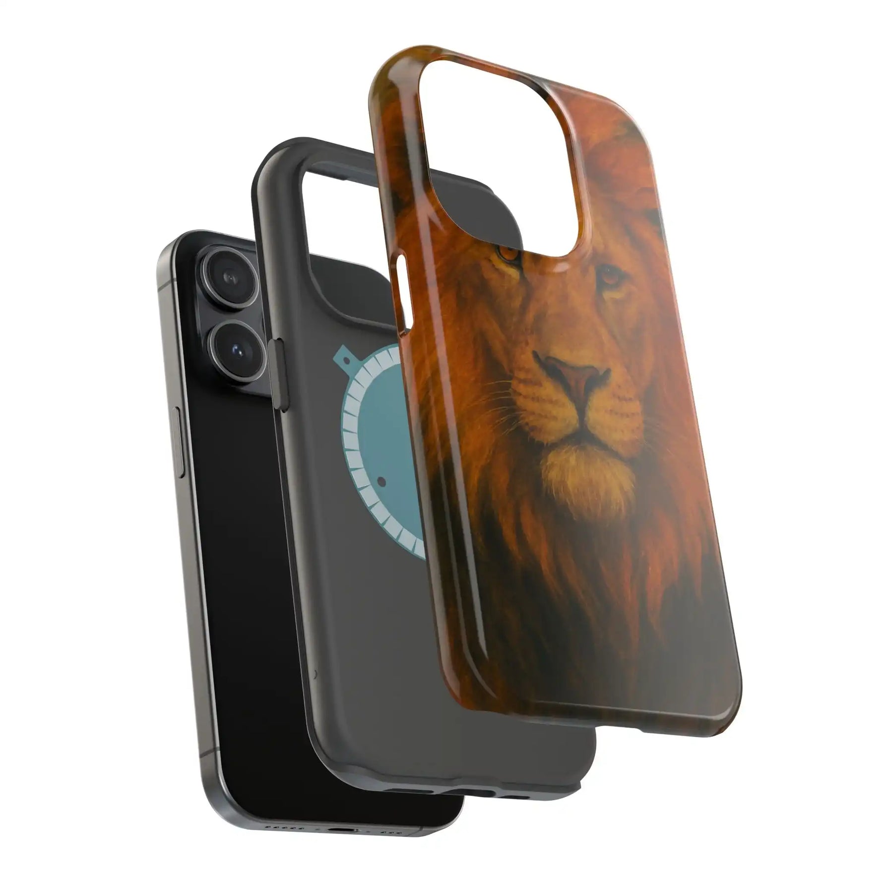iPhone with two protective cases showing variant size, one with lion face design
