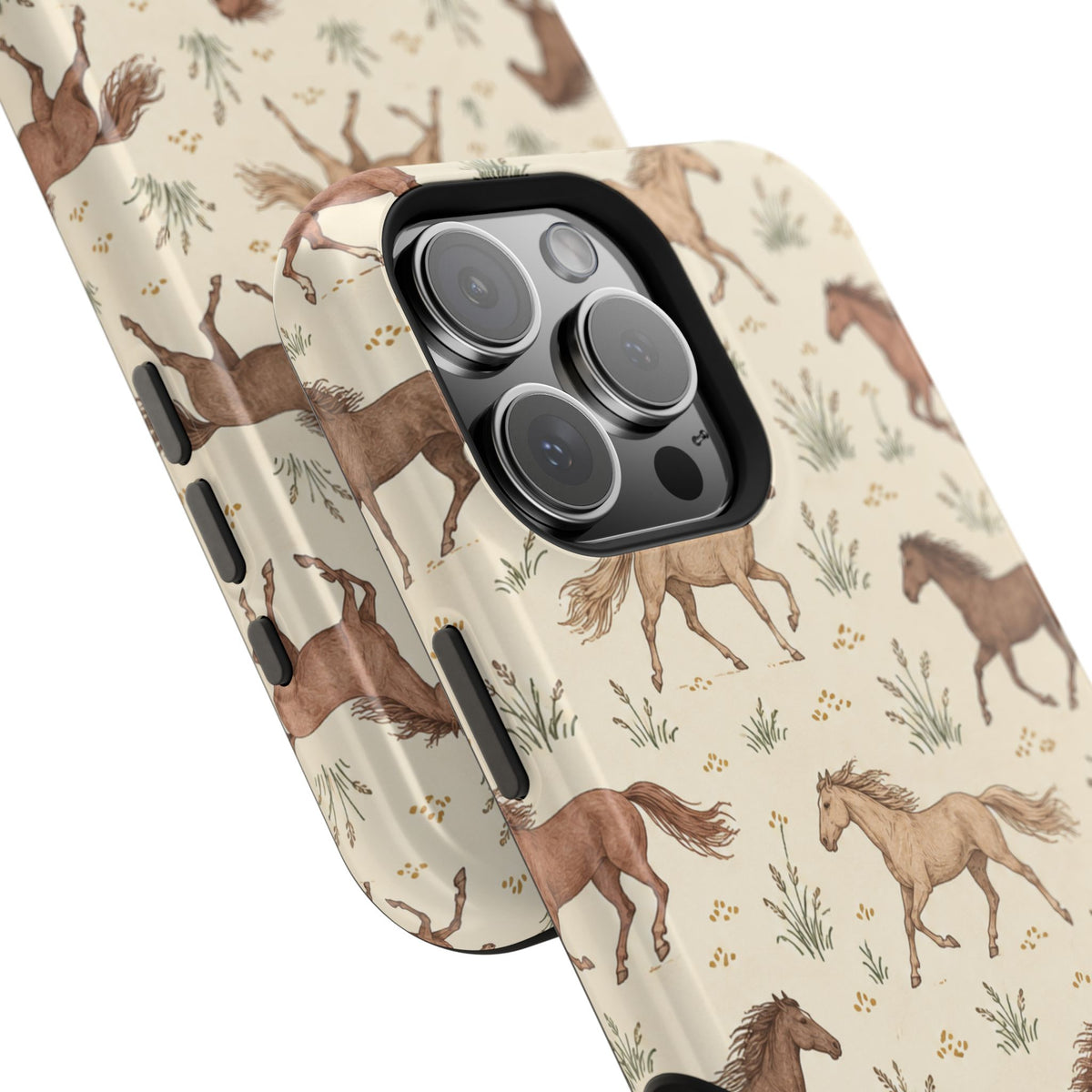 Wild Mustangs – Western Horse Pattern MagSafe Phone Case, glossy square triple-camera Pro model, camera and side-button close-up