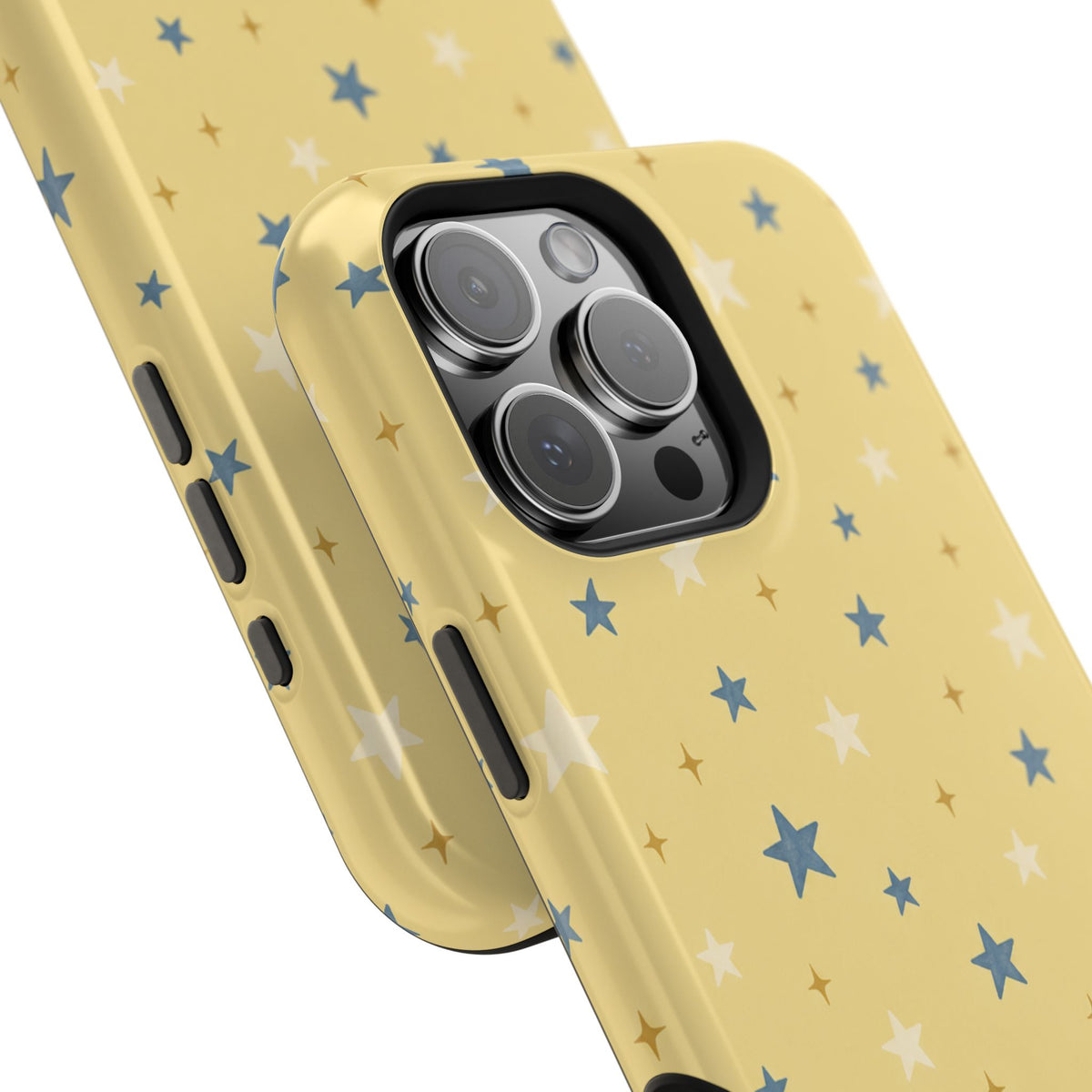 Prairie Stars – Yellow and Blue Star MagSafe Phone Case, glossy square triple-camera Pro model, camera and side-button close-up