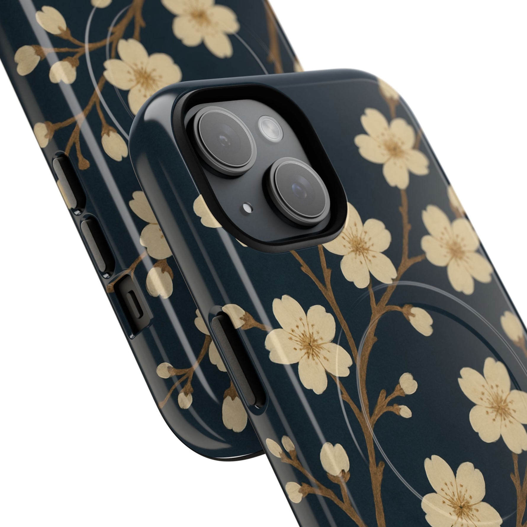 Navy Cherry Blossom Floral iPhone Case - Compatible with MagSafe - Shamo's