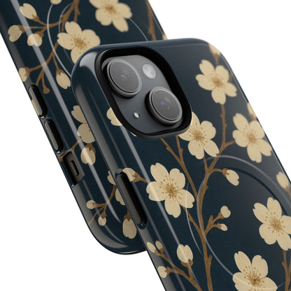 Navy Cherry Blossom Floral iPhone Case - Compatible with MagSafe