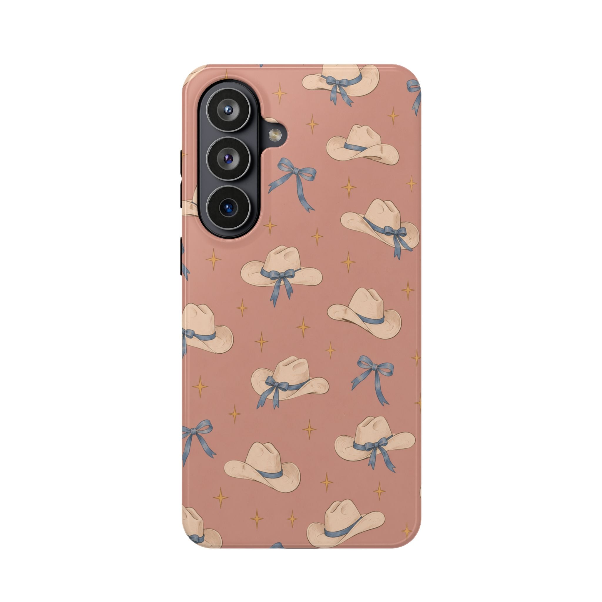 Ribbon Rodeo – Cowgirl Hat and Bow MagSafe Phone Case, Pink, glossy Samsung Galaxy S26 Plus, rear view