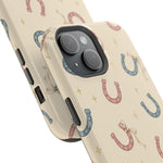 Prairie Horseshoes MagSafe Phone Case, glossy diagonal dual-camera model, camera and side-button close-up