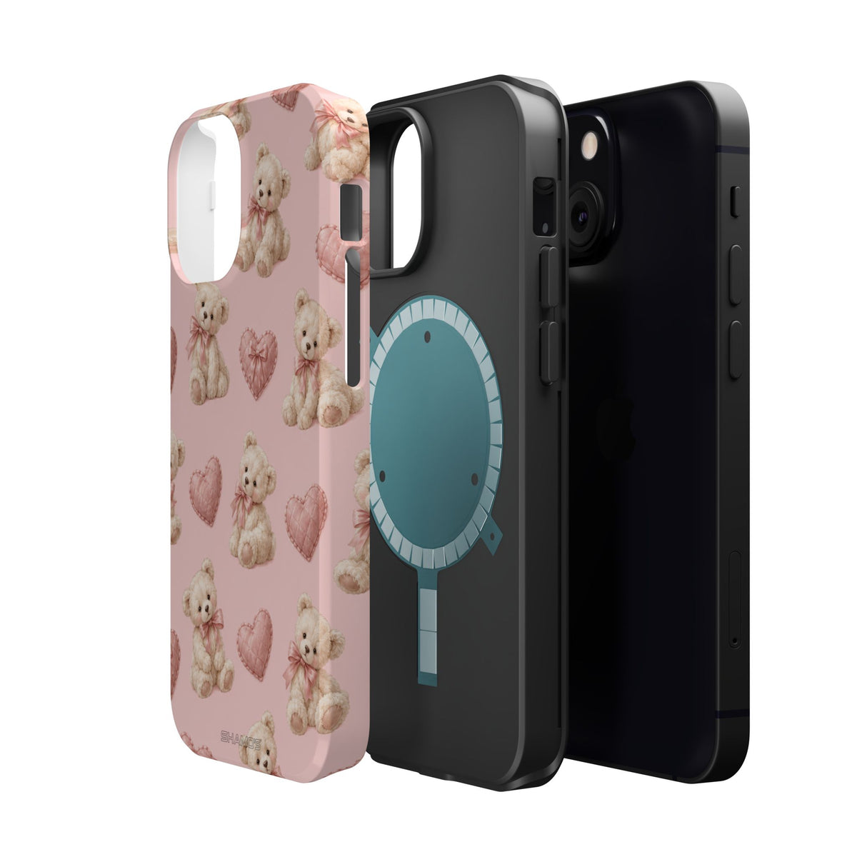 Pink Teddy Hearts Love iPhone Case, Impact-Resistant MagSafe Compatible