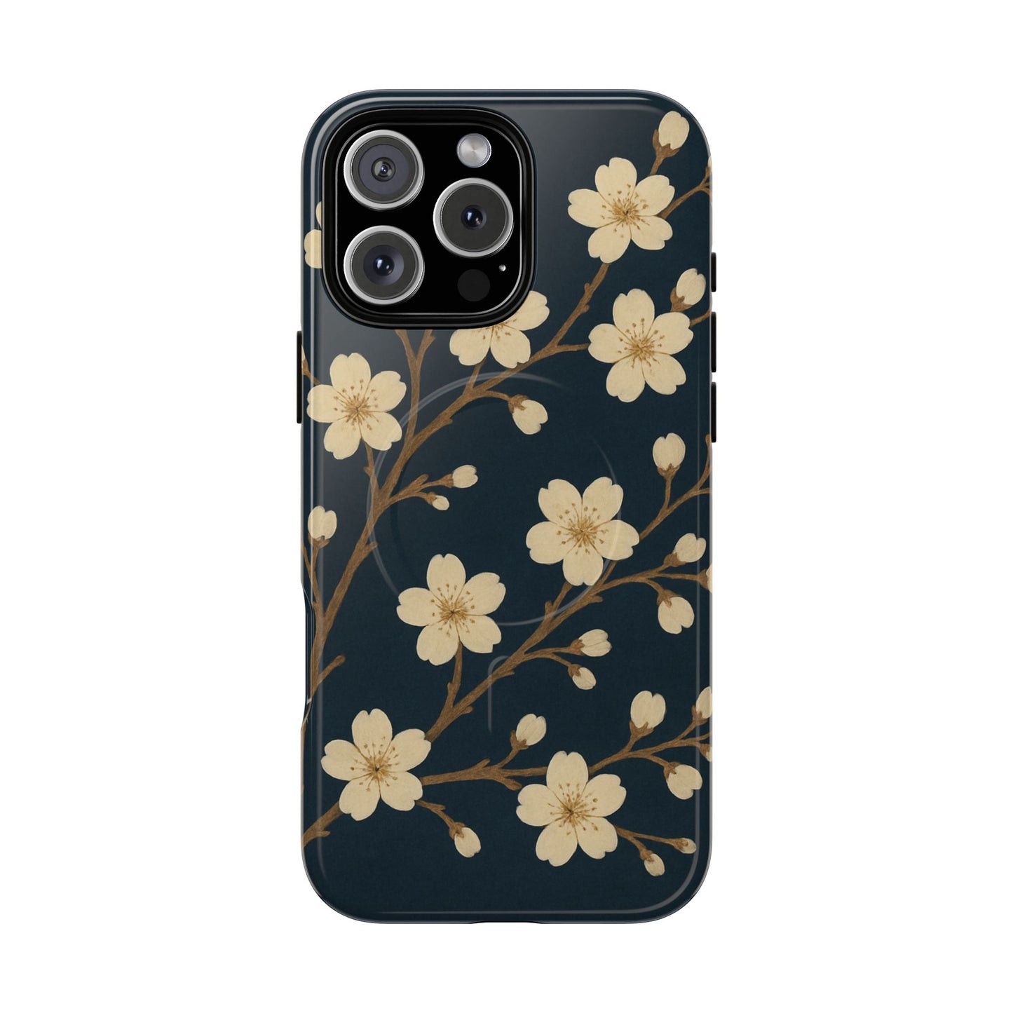 Navy Cherry Blossom Floral iPhone Case - Compatible with MagSafe