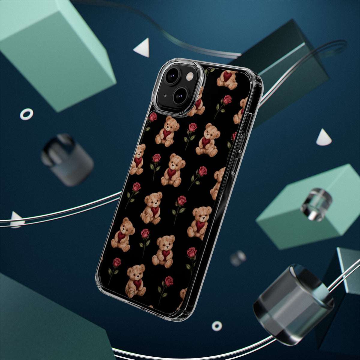 Romantic Teddy Bear Impact-Resistant Phone Case with Heart Design