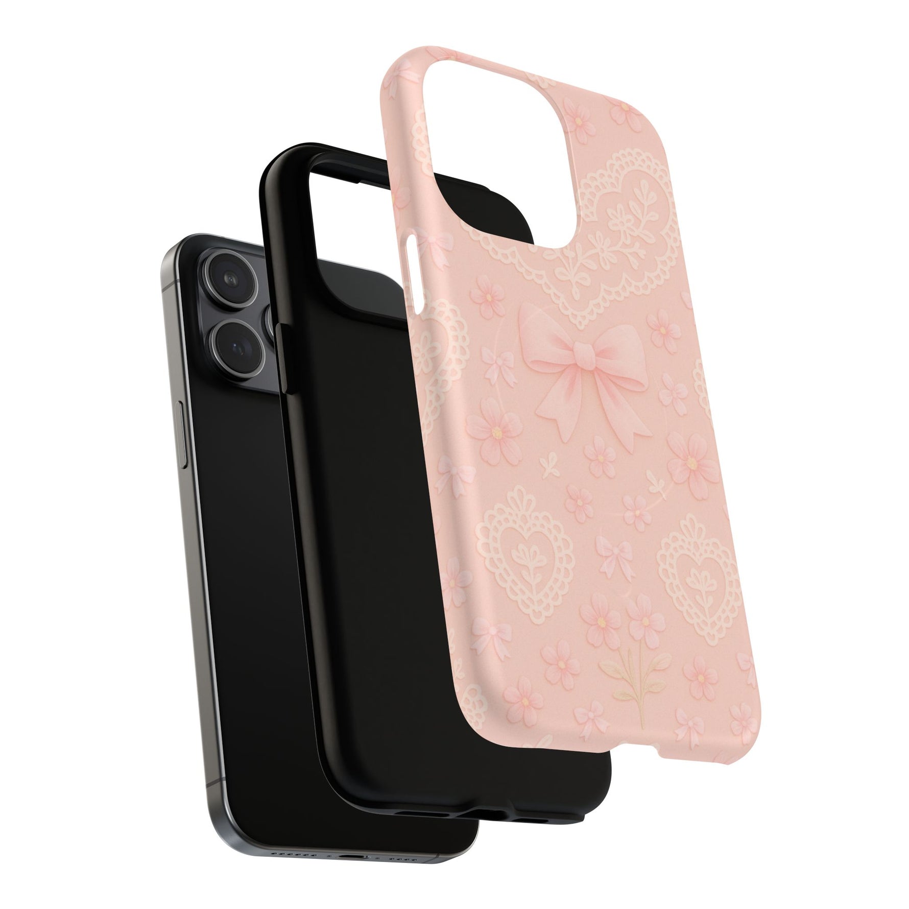 Balletcore Pink Floral Lace iPhone Case with Bow | Works with MagSafe - Shamo's