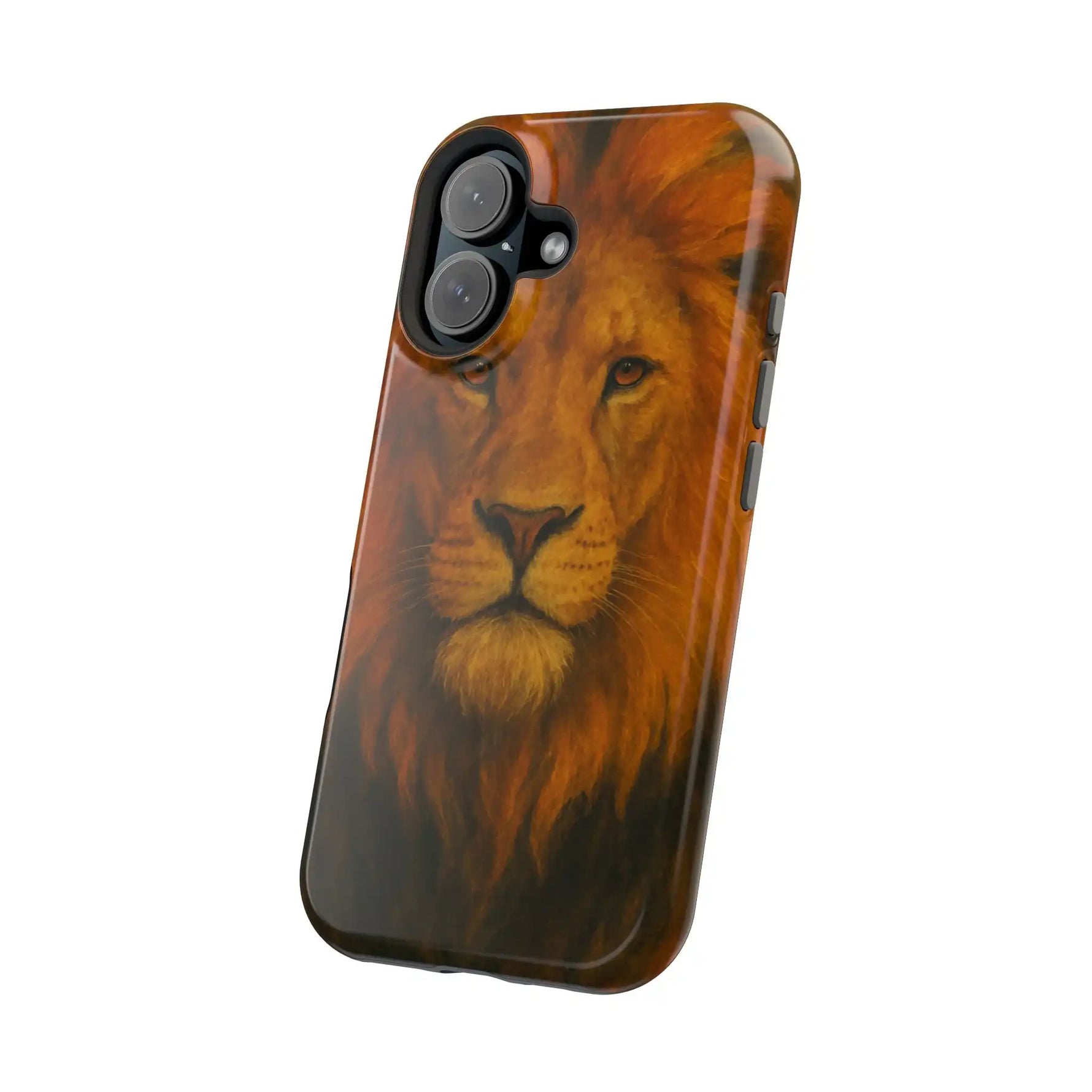 iPhone case featuring realistic lion face design with detailed mane, variant size shown