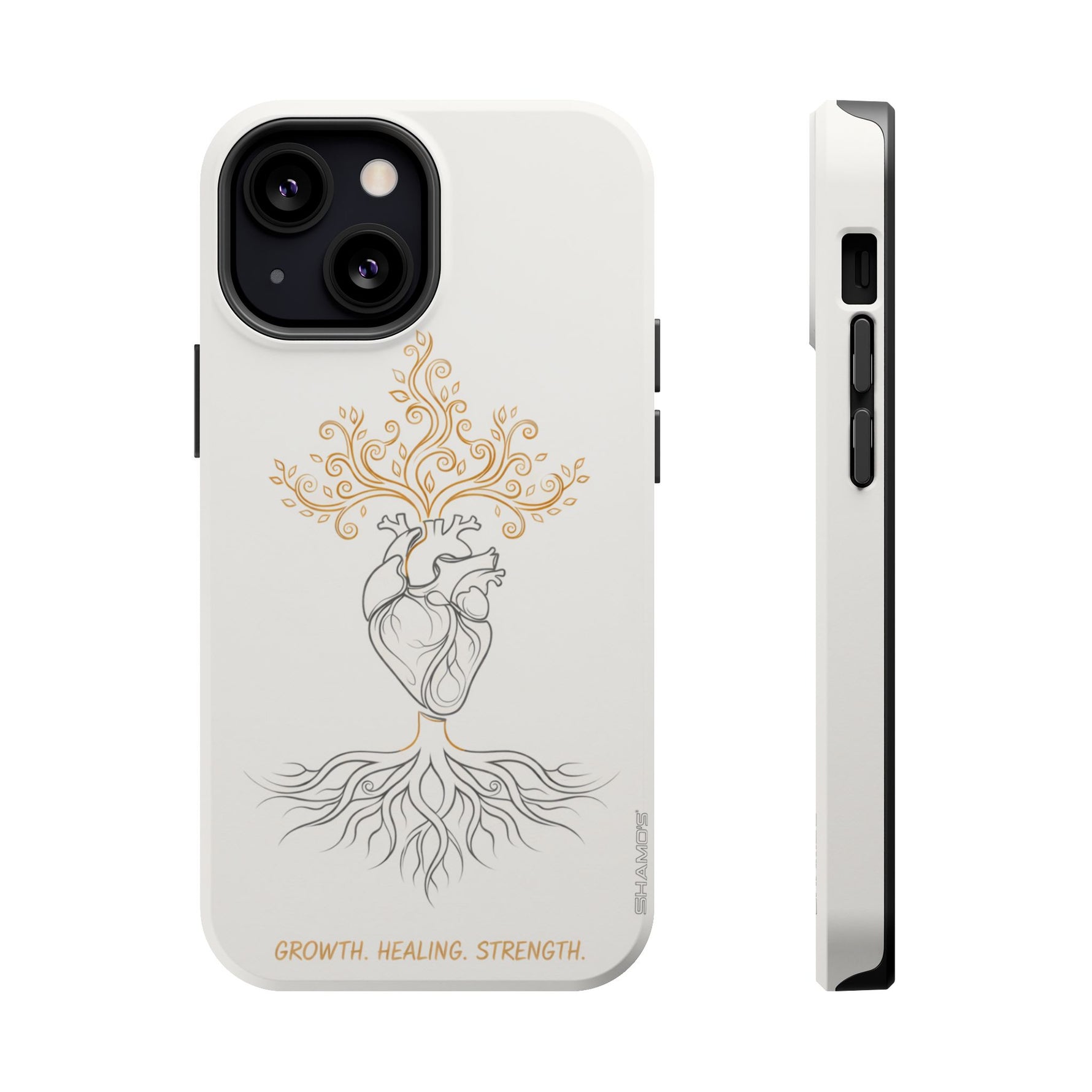 Minimalist Impact-Resistant iPhone Case, Heart Root Illustration ("Growth. Healing. Strength.") MagSafe Compatible - iPhone 13 Mini / Matte - Shamo's